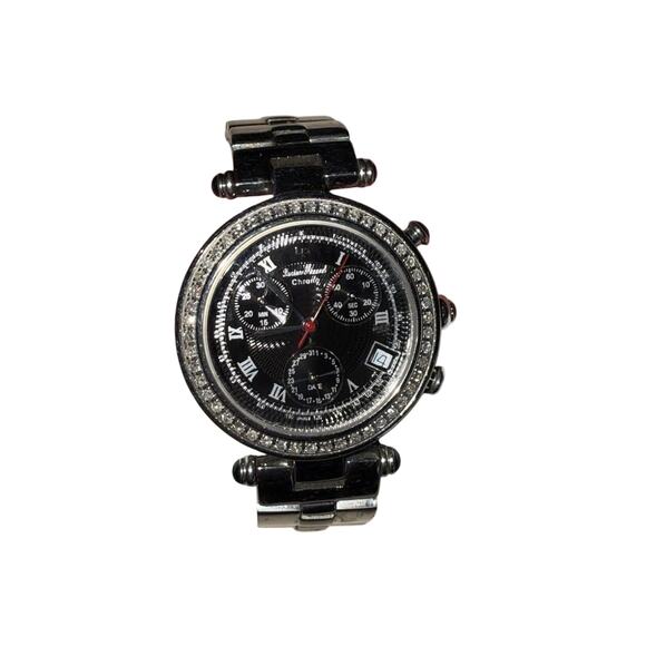 Lucien Piccard 3ATM Swiss Chrono Watch Diamond Bezel Emerald Button Bling main image 6